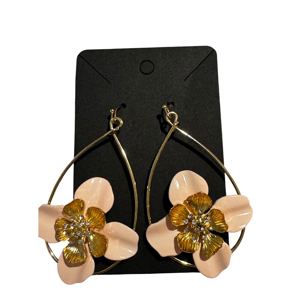 Gold Tone Blush Pink Enamel Flower Teardrop Hoop Earrings Rhinestone Accents